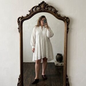 Roiii White Cotton Eyelet Boho Babydoll Dress XL Long Sleeve Pintuck Tunic NEW